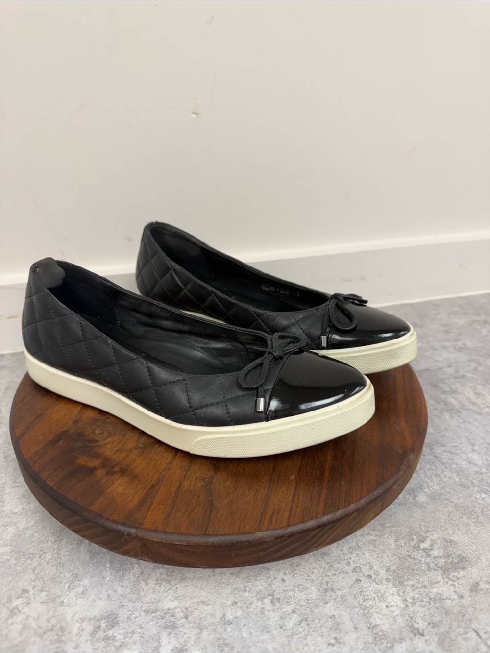 Ecco Black Quilted Ballet Flat Sneakers with Cream Sole